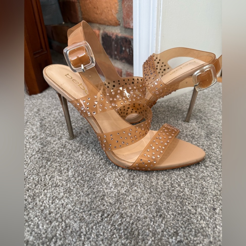 New Bebe Kathleen High‎ Heel Sandal Rhinestone Clear Nude Pump women shoes sz 8